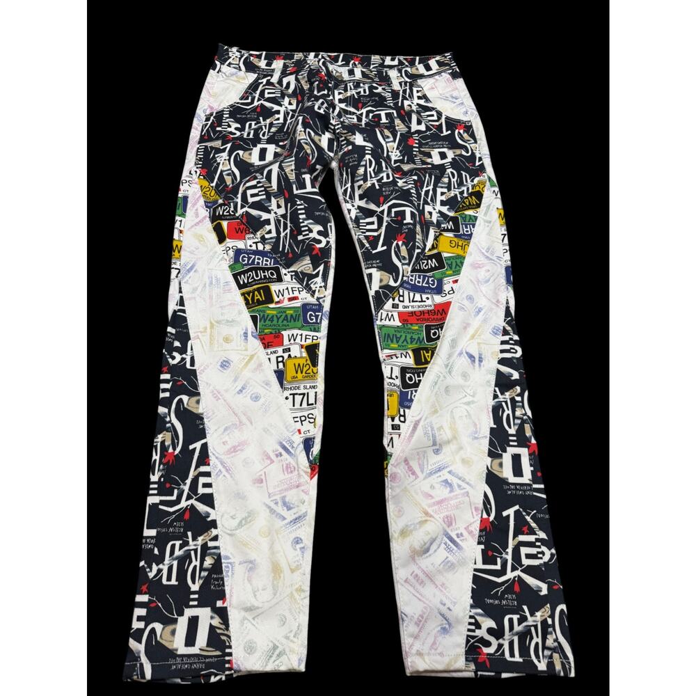 Mens Graphic Y2K Patchwork Dollar Bill Graphic Denim Jeans Size 38x32 Retro E8